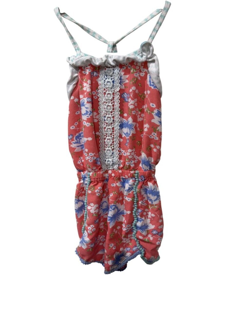 Matilda Jane Girls Floral Print Romper With Lace Detail & Adjustable SIZE 6